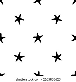 Seamless pattern of repeated black starfish symbols. Elements are evenly spaced and some are rotated. Vector illustration on white background