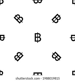 Nahtlose Muster der wiederholten schwarzen thailändischen Baht-Symbole. Die Elemente sind gleichmäßig verteilt und einige werden gedreht. Vektorgrafik auf weißem Hintergrund