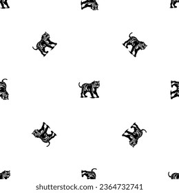 Seamless pattern of repeated black tiger symbols. Elements are evenly spaced and some are rotated. Vector illustration on white background