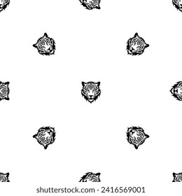 Seamless pattern of repeated black tiger head symbols. Elements are evenly spaced and some are rotated. Vector illustration on white background