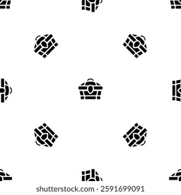 Seamless pattern of repeated black treasure chest symbols. Elements are evenly spaced and some are rotated. Vector illustration on white background