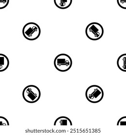 Seamless pattern of repeated black truck traffic signs. Elements are evenly spaced and some are rotated. Vector illustration on white background