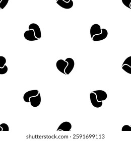 Seamless pattern of repeated black two halves of a heart symbols. Elements are evenly spaced and some are rotated. Vector illustration on white background