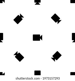 Seamless pattern of repeated black video camera symbols. Elements are evenly spaced and some are rotated. Vector illustration on white background