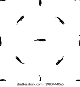 Seamless pattern of repeated black whale symbols. Elements are evenly spaced and some are rotated. Vector illustration on white background