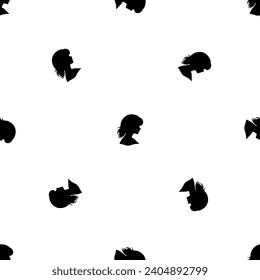 Seamless pattern of repeated black woman face profile symbols. Elements are evenly spaced and some are rotated. Vector illustration on white background