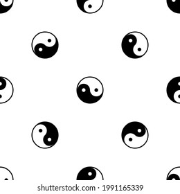 Seamless pattern of repeated black yin yang symbols. Elements are evenly spaced and some are rotated. Vector illustration on white background