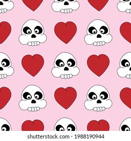Seamless pattern with repeated funny skulls and hearts. Drawn by hand. Cute vector illustration.