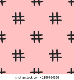 Seamless pattern with repeated hashtag icon drawn by hand. Sketch, watercolor, paint, rough brush. Girly vector illustration.