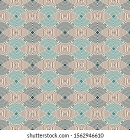 Seamless pattern with repeated hatched overlapping circles. Openwork surface texture. Round links motif. Geometric abstract background. Delicate digital paper, textile print, page fill. Vector art