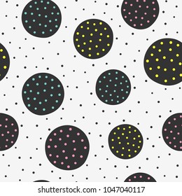 Seamless pattern with repeated round spots. Painted by hand. Purple, blue, yellow, black, gray. Modern vector illustration.