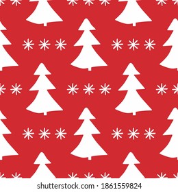 Patrón sin foco con repetidas siluetas de árboles de Navidad y copos de nieve dibujados a mano. Ilustración vectorial de año nuevo.