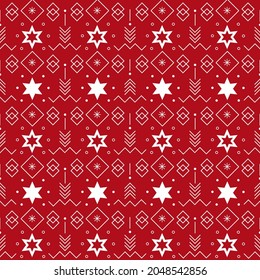 Seamless pattern with repeated stars and geometric elements on red background for Christmas theme designs