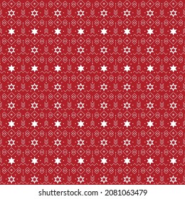 Seamless pattern with repeated stars and geometric elements on red background for Christmas theme designs