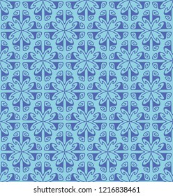 seamless pattern with repeated stylised flowers in blue shades