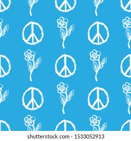 Seamless pattern with repeated symbol of peace and flower drawn by hand. Doodle, sketch, scribble. Simple vector illustration.