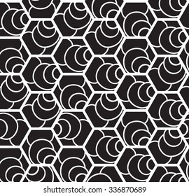 Seamless pattern. Repeating abstract background with hexagons. Stylish black and white grid texture. Bee cells.