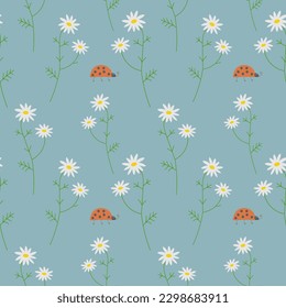 Seamless pattern. Repeating background with daisies and ladybug, forest motif. Hand-drawn flowers and forest insects, boho style.  For textiles, packaging design, postcards,  baby products. Vector