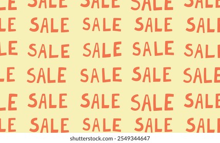 Seamless pattern with repeating bold SALE text in orange on a light yellow background. Eye-catching promotional design for discounts, advertisements, and retail graphics. Flat vector illustration.