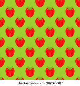 Seamless pattern with repeating bright red strawberries with leaves and seeds isolated on green background