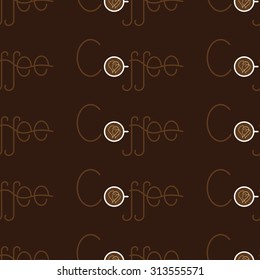 Seamless pattern with repeating brown colored lettering coffee and letter o in the shape of white colored cup of coffee with two creamy hearts on surface of beverage isolated on dark brown background