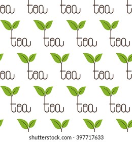 Seamless pattern with repeating brown colored tea lettering with two green leaves over letter t isolated on white background