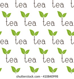 Seamless pattern with repeating brown colored lettering tea with two green leaves over letter t isolated on white background