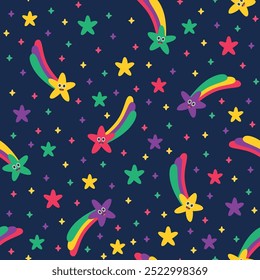 seamless pattern repeating cartoon colorful stars falling in outer space, suitable for children's design needs, cloth, wrapping paper, textile, cloth, digital and others