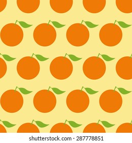 Seamless pattern with repeating cartoon orange with big green leave isolated on ginger background. Wallpaper, wrapping paper, textile, packing design, Flat style illustration