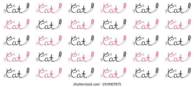 Seamless pattern with repeating cat lettering with lettering c in the shape of cat. Kids and teen clothes with funny black pink print. Cool print for t-shirt, smartphone cover, notebook, wrapping.