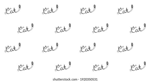 Seamless pattern with repeating cat lettering. Shape of cat isolated on white background. Print of cute hand lettering. For kidstuff design as a t-shirt,card, poster, wrapping paper, bedding.