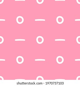 Seamless pattern with repeating circles and short lines. Simple girly print drawn by hand. Vector illustration.