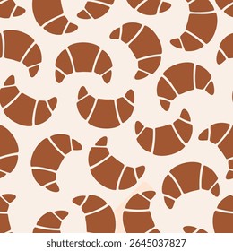 Seamless pattern with repeating croissant silhouettes in brown on light beige background. Flat vector bakery illustration. 