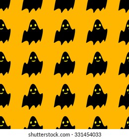 Seamless pattern with repeating cute black ghost with wide opened eyes and smiling mouth on bright yellow background