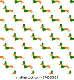 Seamless pattern with repeating cute dachshund in emerald hat and jersey isolated on white background. Textile, wrapping paper, wallpaper, boxes decoration, other packing elements template