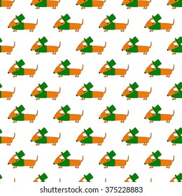 Seamless pattern with repeating cute dachshund in emerald hat and jersey isolated on white background. Textile, wrapping paper, wallpaper, boxes decoration, other packing elements template
