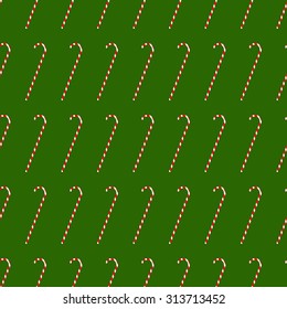 Seamless pattern with repeating diagonally white and red candy cane isolated on green background