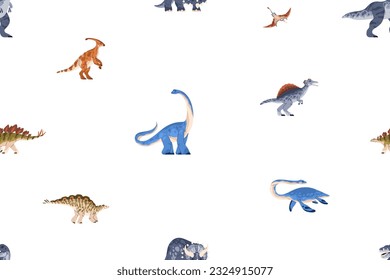 Seamless pattern, repeating dinosaurs print. Extinct ancient dino animals of Jurassic period, endless background design. Flat vector illustration for kids textile, fabric, childish wallpaper, wrapping