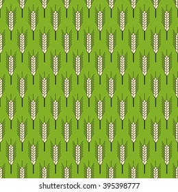 Seamless pattern with repeating ears of wheat isolated on green background