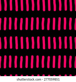 Seamless pattern with repeating elements freehand drawing vertical short rods similar to worms standing in a row of bright pink on a black background