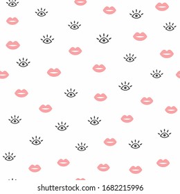 Seamless pattern with repeating eyes and lips. Cute girly print. Flat vector illustration.