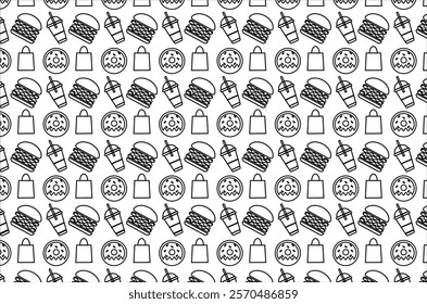 Seamless pattern with repeating fast food icons. The pattern consists of burgers, drinks with straws, donuts, and shopping bags. For decorative, packaging or promotional material food and drink.