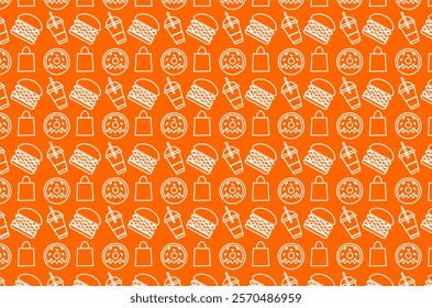 Seamless pattern with repeating fast food icons. The pattern consists of burgers, drinks with straws, donuts, and shopping bags. For decorative, packaging or promotional material food and drink.