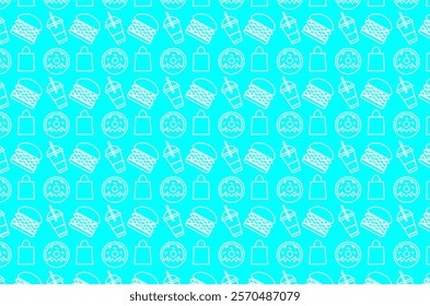 Seamless pattern with repeating fast food icons. The pattern consists of burgers, drinks with straws, donuts, and shopping bags. For decorative, packaging or promotional material food and drink.