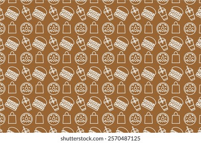 Seamless pattern with repeating fast food icons. The pattern consists of burgers, drinks with straws, donuts, and shopping bags. For decorative, packaging or promotional material food and drink.