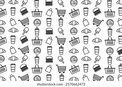 Seamless pattern with repeating fast food icons, fast drinkz, shopping bags and cart baskets. Perfect for  merchendise, wallpaper, backdrop, textile, fabric and other commercial needs.