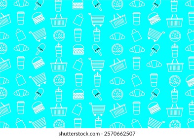 Seamless pattern with repeating fast food icons, fast drinkz, shopping bags and cart baskets. Perfect for  merchendise, wallpaper, backdrop, textile, fabric and other commercial needs.