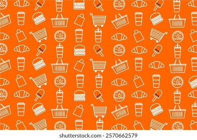 Seamless pattern with repeating fast food icons, fast drinkz, shopping bags and cart baskets. Perfect for  merchendise, wallpaper, backdrop, textile, fabric and other commercial needs.