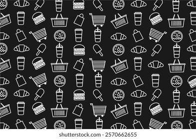 Seamless pattern with repeating fast food icons, fast drinkz, shopping bags and cart baskets. Perfect for  merchendise, wallpaper, backdrop, textile, fabric and other commercial needs.