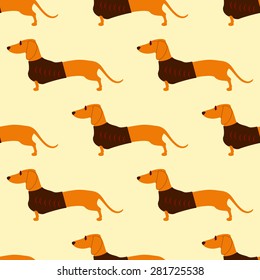 Seamless pattern with repeating foxy colored dachshund in glasses with dark lenses and red frame and brown waistcoat decorated with red pattern isolated on flaxen background